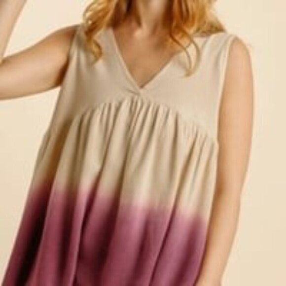 Umgee Linen Sleeveless Top Pink/Cream Ombre V-Neck Blouse Babydoll Peasant M - Picture 1 of 11
